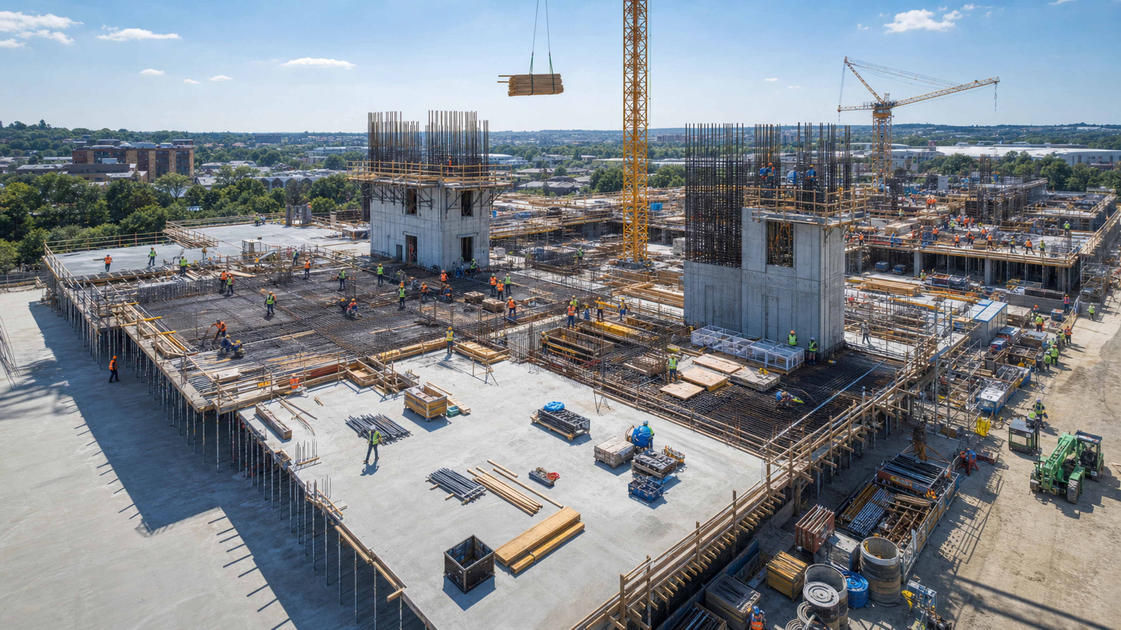 Original generated bright high-angle aerial concept visualization of a large reinforced-concrete construction site with multiple slabs, cranes, steel reinforcement, materials, and workers