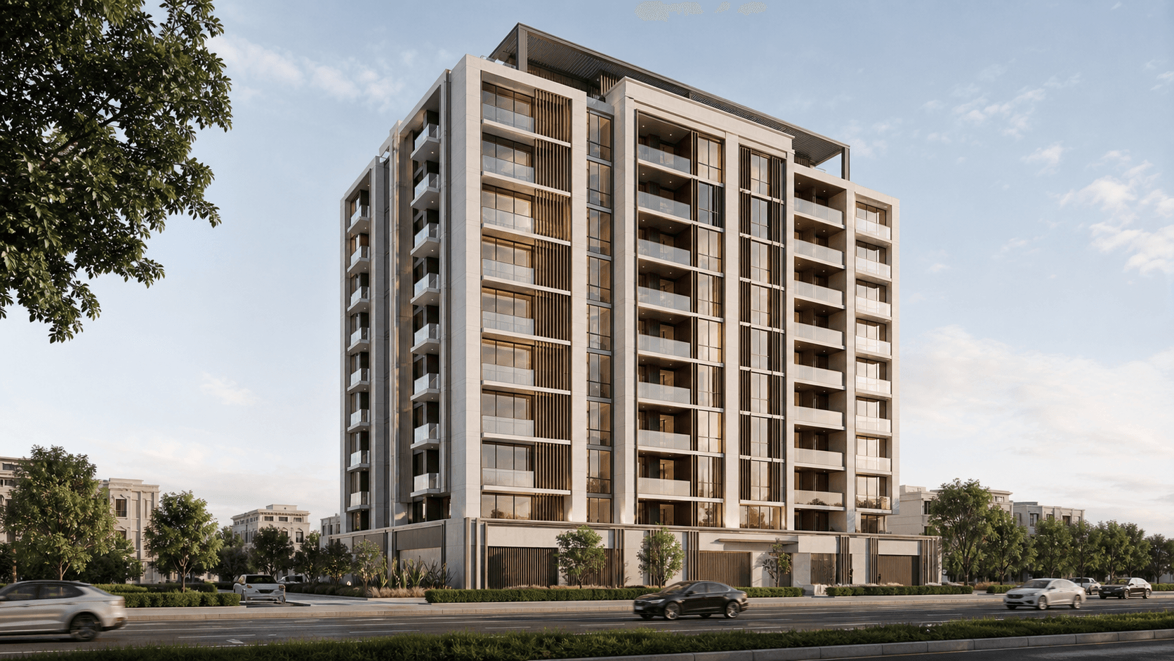 Original generated residential building concept visualization with a stepped upper profile, glass balconies, and planted terraces